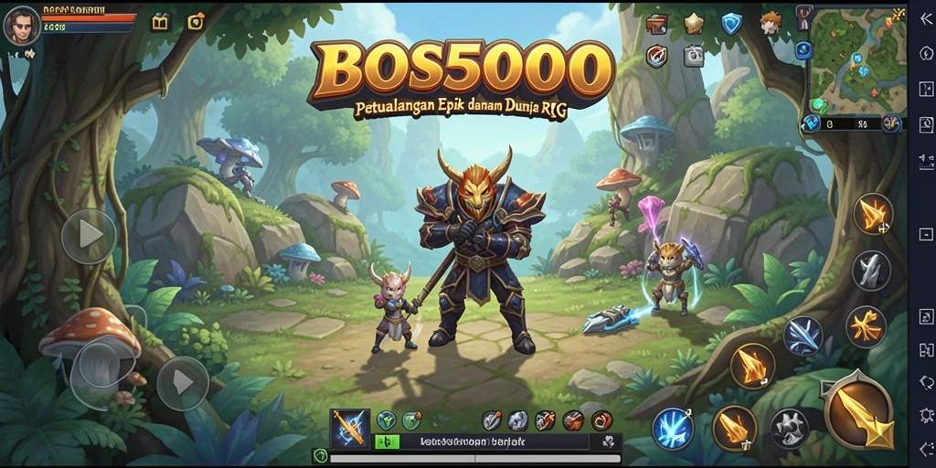 Screenshot gameplay BOS5000 menampilkan pertarungan epik dan eksplorasi dunia.