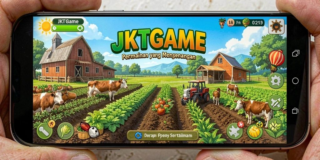 Gameplay <strong>JKTGAME</strong> menampilkan petani yang bekerja di ladang yang subur.