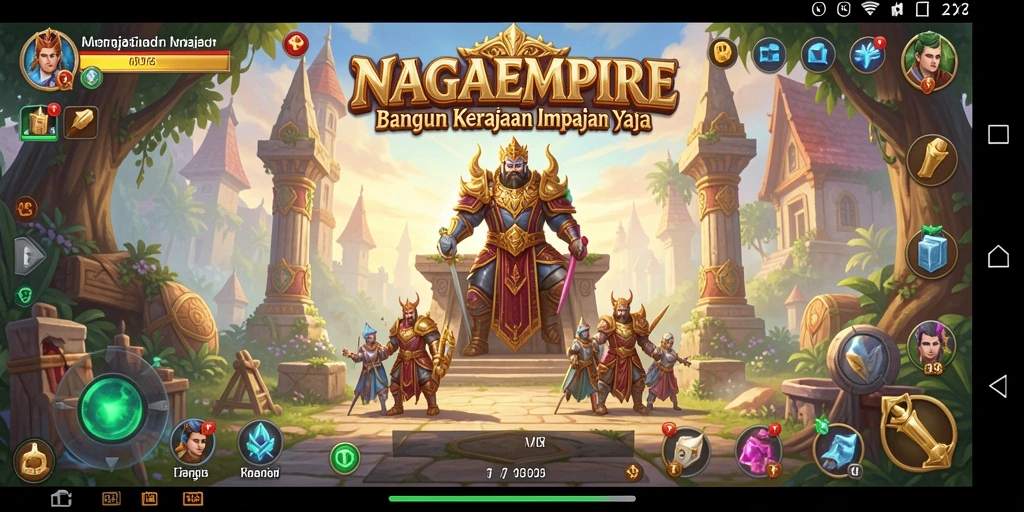 Screenshot gameplay NAGAEMPIRE yang menunjukkan pembangunan kerajaan.