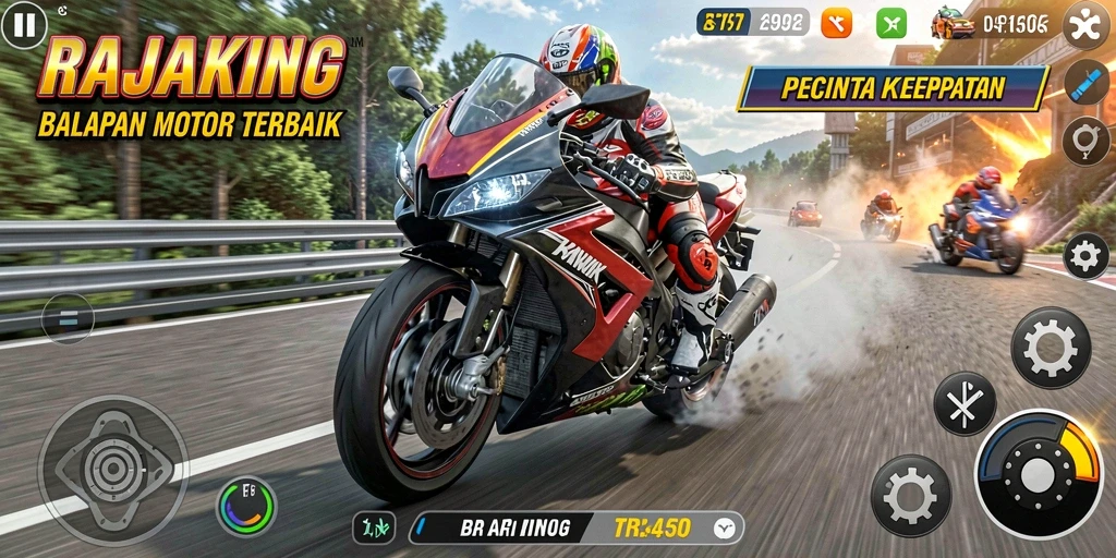 Tampilan gameplay RAJAKING yang mendebarkan dengan motor cepat.