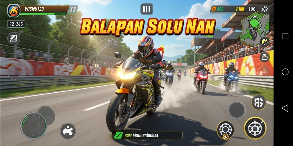 Screenshot gameplay WISNU123 menampilkan aksi balapan motor yang mendebarkan.